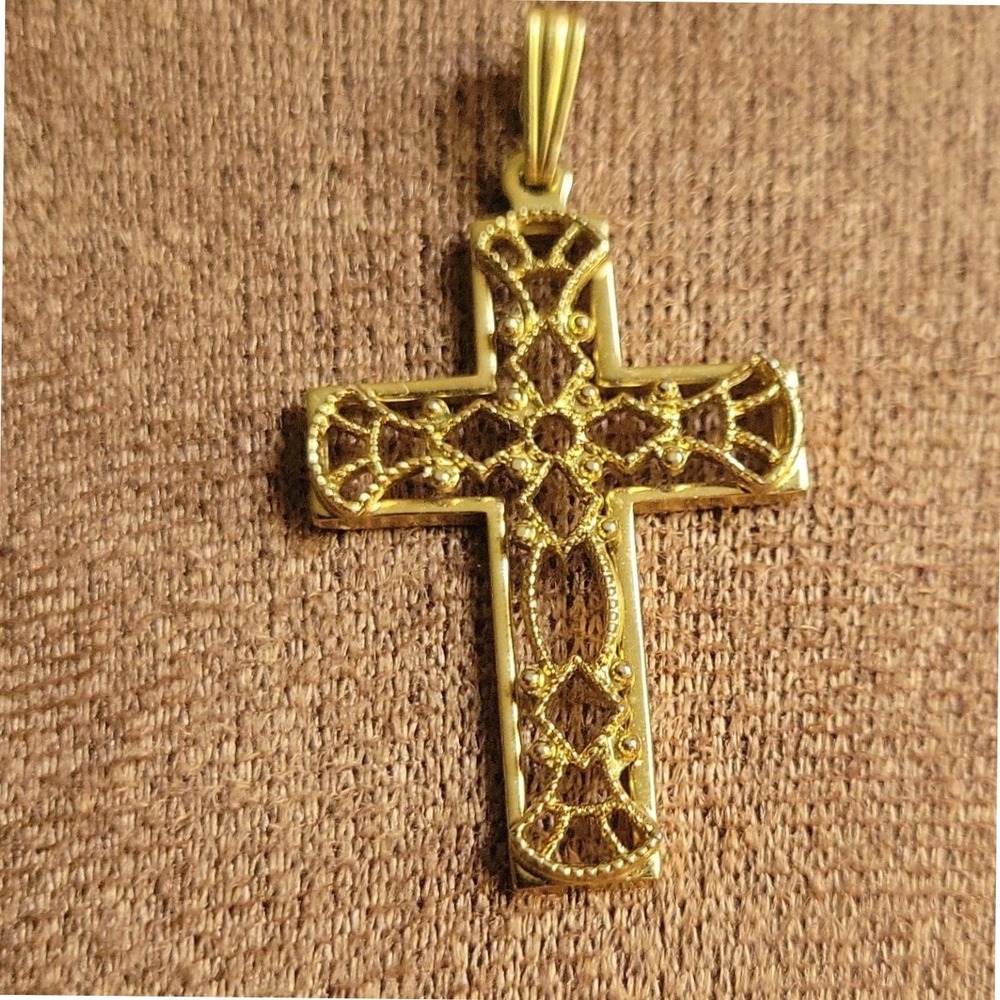 Theda Vintage 12K Gold Filled Filigree Cross Pendant 1.25 Inch Cottagecore